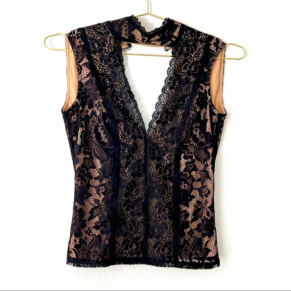 bebe Tops - bebe Lace Stretchy Choker V Cut Blouse XXS